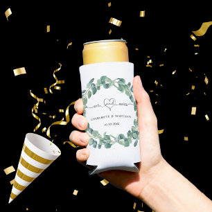 Wedding eucalyptus wreath mr mrs heart names seltzer can cooler