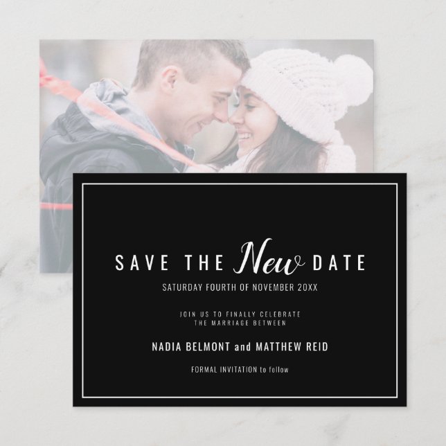 Wedding event change save the new date black white save the date (Front/Back)