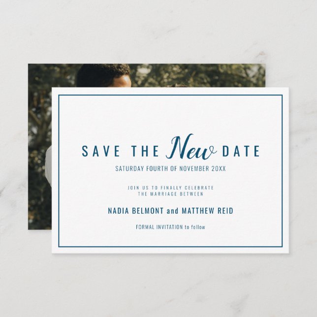 Wedding event change save the new date blue white save the date (Front/Back)