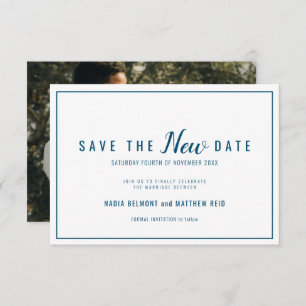 Wedding event change save the new date blue white save the date