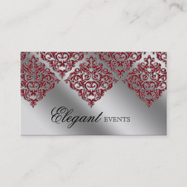 Wedding Event Planner Damask Red Sparkle Silver Business Card (Front)