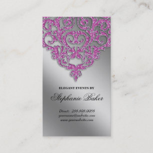 Wedding Event Planner Damask Silver Sparkle Pink V Business Card