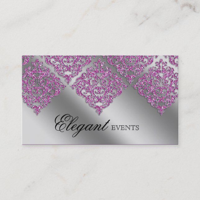 Wedding Event Planner Damask Sparkle Silver Pink Business Card (Front)