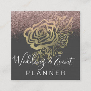 Wedding & Event Planner Faux Gold Rose and Pink Square Business Card