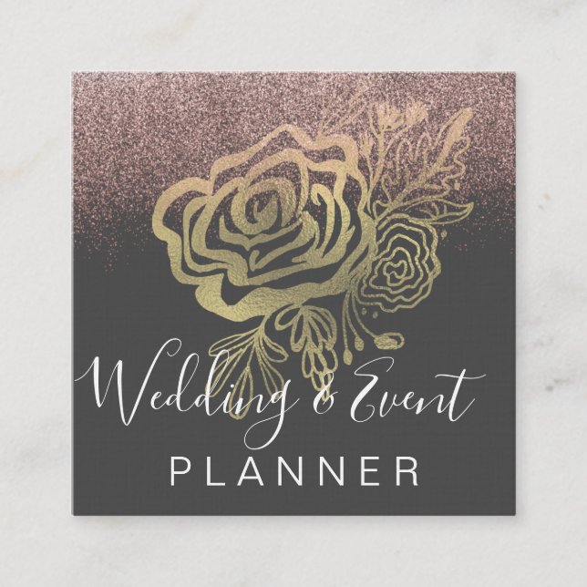 Wedding & Event Planner Faux Gold Rose and Pink Square Business Card (Front)