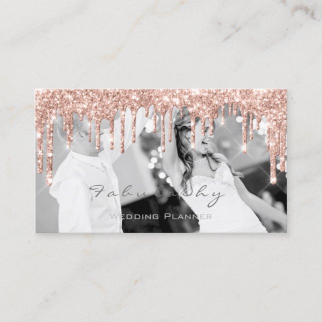 WeddinG Event Planner Glitter Drips Rose Photo Business Card (Front)