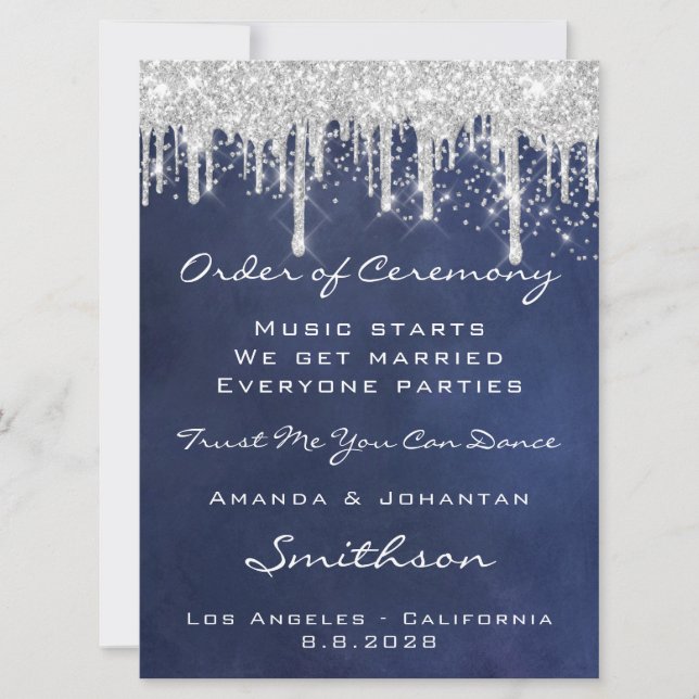 Wedding Event Program Blue Navy Silver Grey Drips  (Front)