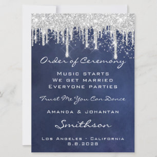Wedding Event Program Blue Navy Silver Grey Drips 