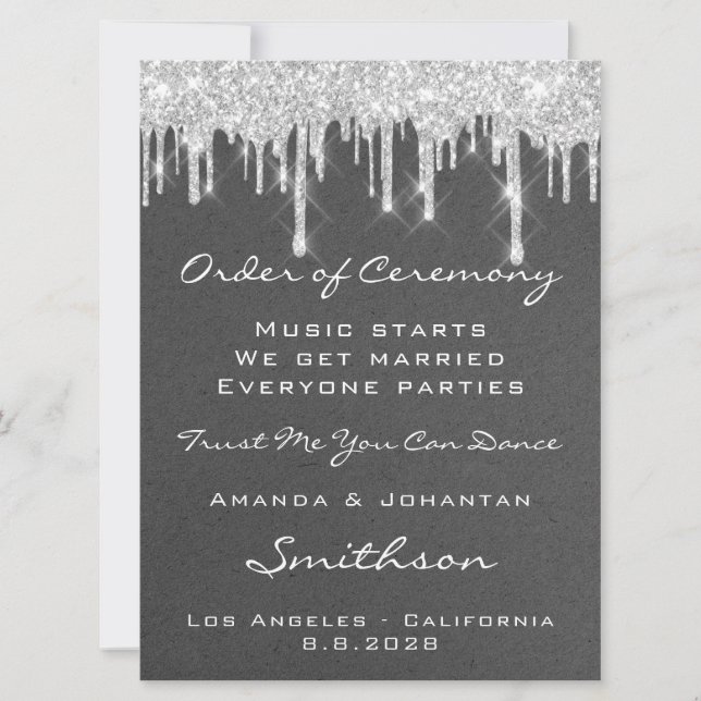 Wedding Event Program Grey Silver Drips Glitter (Front)