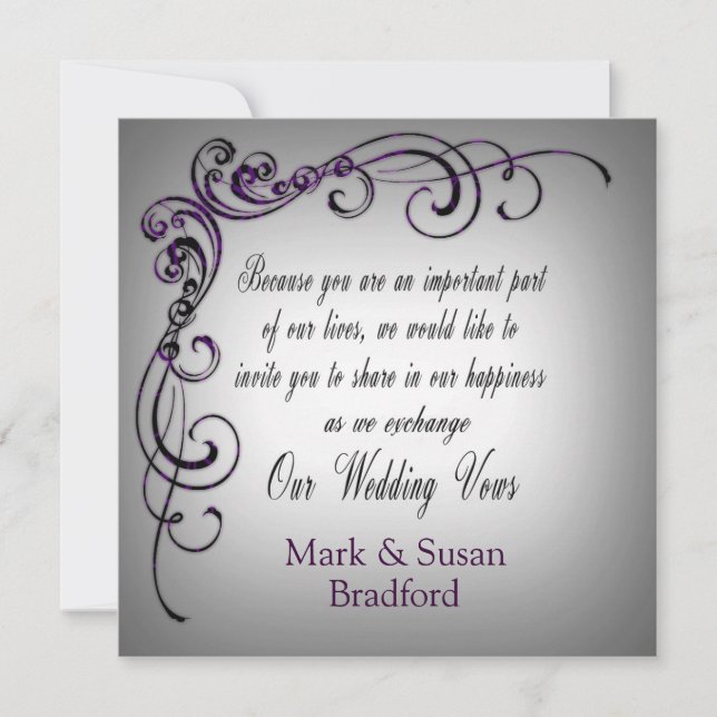 Wedding EXCHANGE VOWS - Grey Purple Border Invitation (Front)
