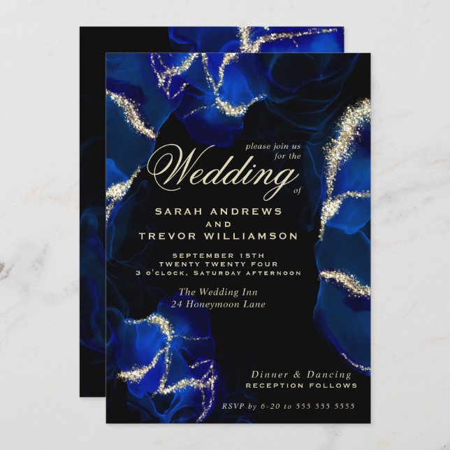 Wedding | Exotic Royal Blue Alcohol Ink Invitation (Front/Back)