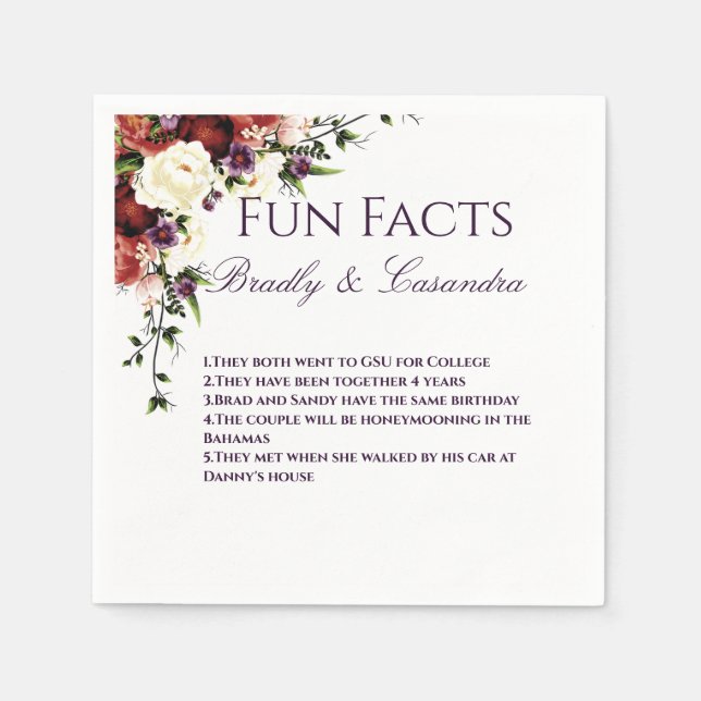 Wedding Fall Floral  White Fun Facts Napkin (Front)