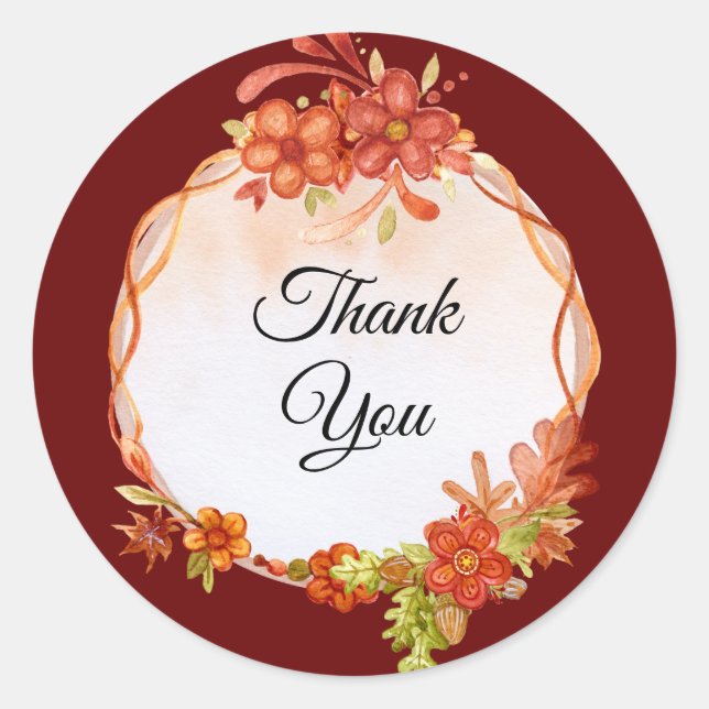 Wedding Fall Leaves Watercolor Thank You Classic Round Sticker (Front)