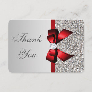 Wedding Faux Silver Sequins Red Bow Thank You Card
