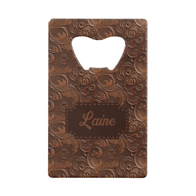Wedding Faux Tooled Leather Look Credit Card Bottle Opener (Front)