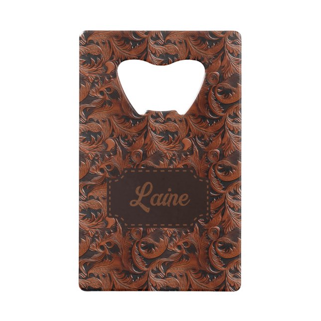 Wedding Faux Tooled Leather Look Credit Card Bottle Opener (Front)