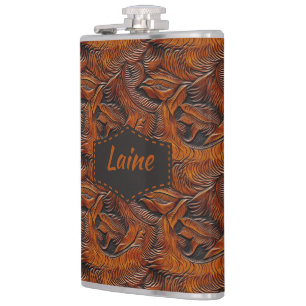 Wedding Faux Tooled Leather Look Hip Flask