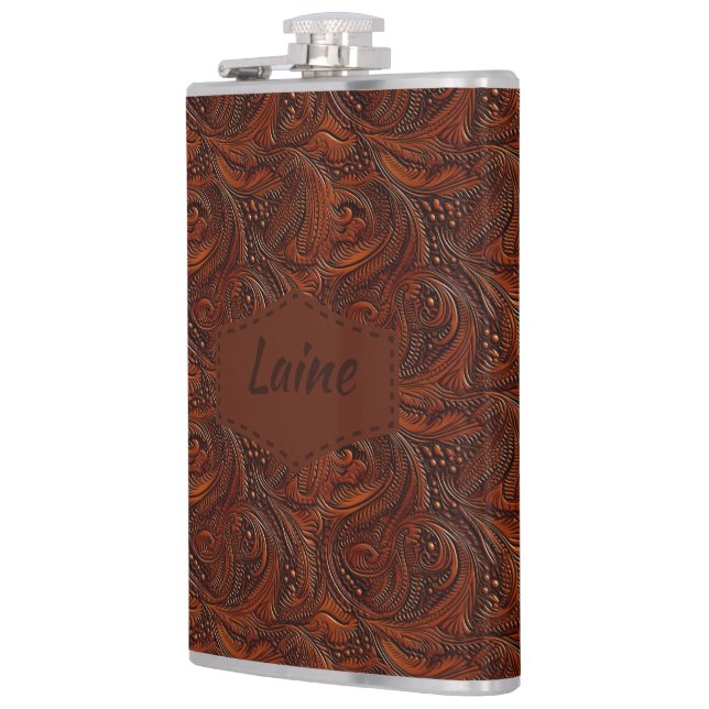 Wedding Faux Tooled Leather Look Hip Flask (Left)