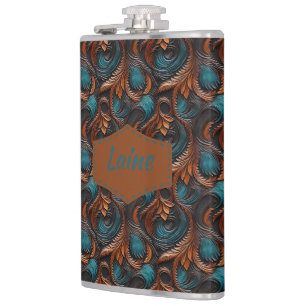 Wedding Faux Tooled Leather Look Hip Flask