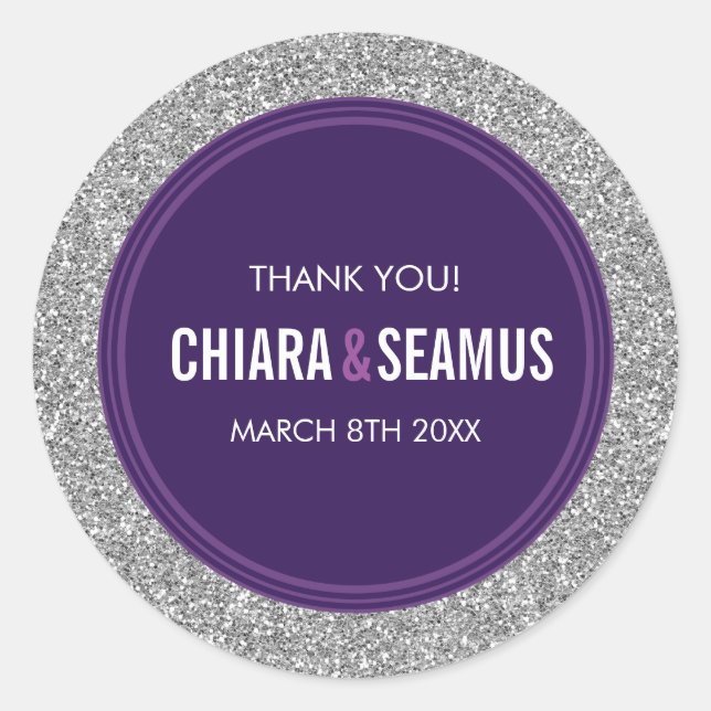 WEDDING FAVOR modern simple silver glitter purple Classic Round Sticker (Front)