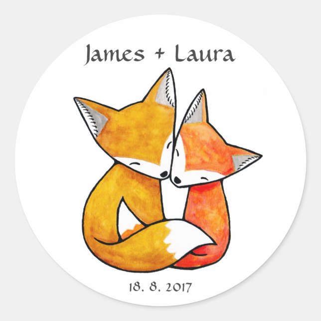 Wedding Favor Stickers Fox Couple Wedding Monogram (Front)
