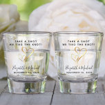 Wedding Favor Take A Shot We Tied The Knot Shot Glass<br><div class="desc">Give the your wedding guests a fun souvenir keepsake of your special day with this custom shot glass with two gold hearts together in the middle. You can personalize "Take a Shot,  We Tied the Knot" to something similar in length. Add your first names and wedding date below.</div>
