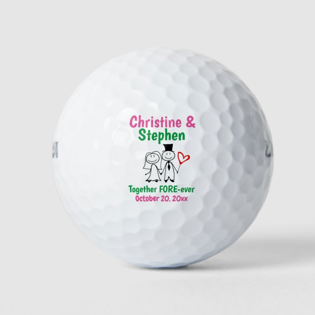 Wedding Favour Bride Groom Cute Cartoon Couple Golf Balls (Front)