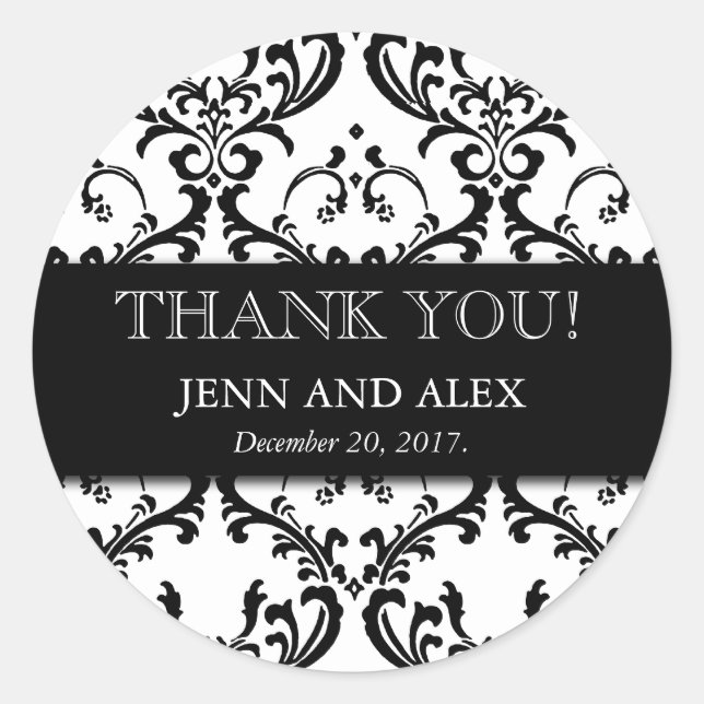 Wedding Favour Damask Thank You Stickers Black (Front)