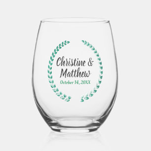 Wedding Favour Elegant Wreath Leaves Green Stemless Wine Glass