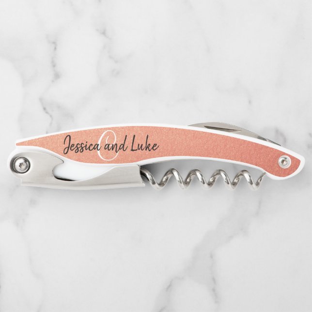 Wedding Favour Gift Elegant Rose Gold Monogram Corkscrew (Front)