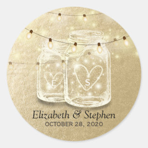 Wedding Favour Mason Jar String Lights Gold Foil Classic Round Sticker