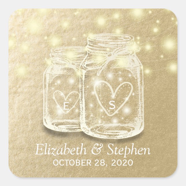 Wedding Favour Mason Jar String Lights Gold Foil Square Sticker (Front)