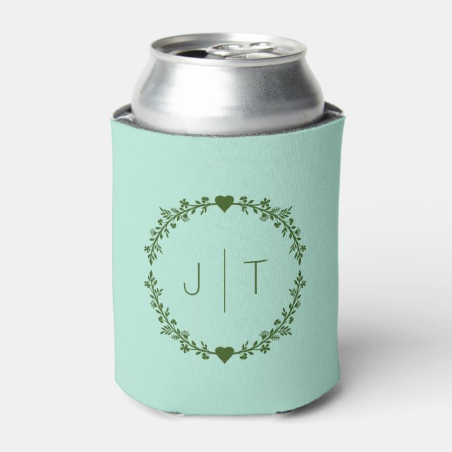 Wedding Favour Monogram Heart Wreath Green Pastel  Can Cooler (Can Front)