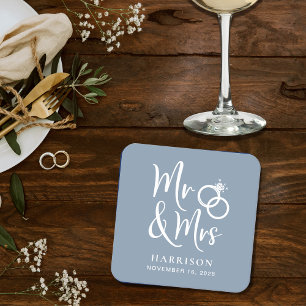 Wedding Favour Mr Mrs Dusty Blue Square Paper Coaster