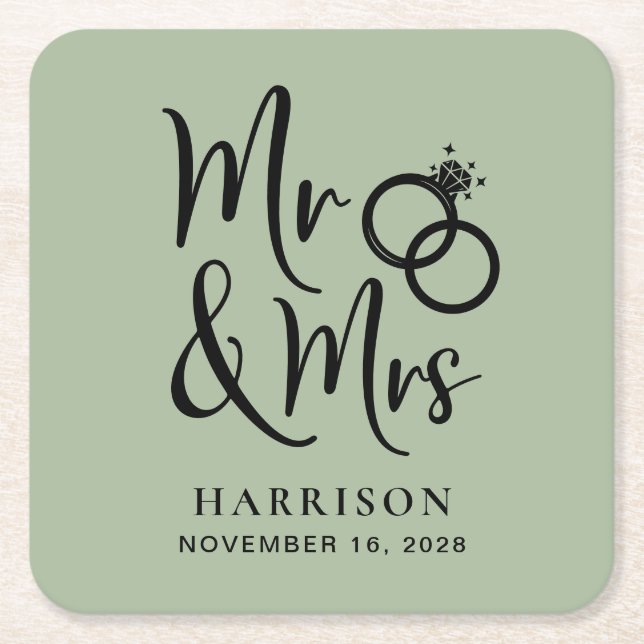 Wedding Favour Mr Mrs Sage Green Square Paper Coaster (Front)