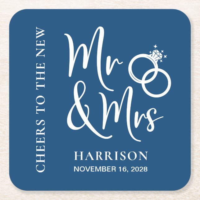 Wedding Favour New Mr Mrs Blue Square Paper Coaster (Front)