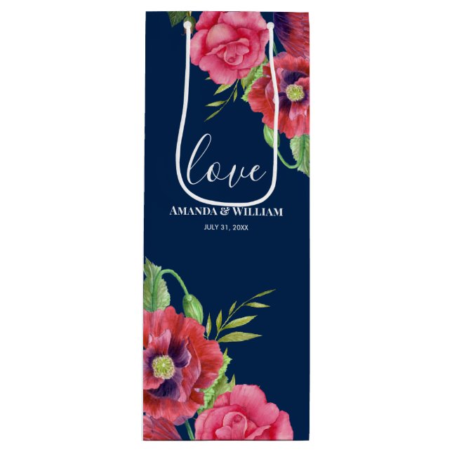 Wedding Favour Red and Pink Flowers Dark Navy Wine Gift Bag (Front)