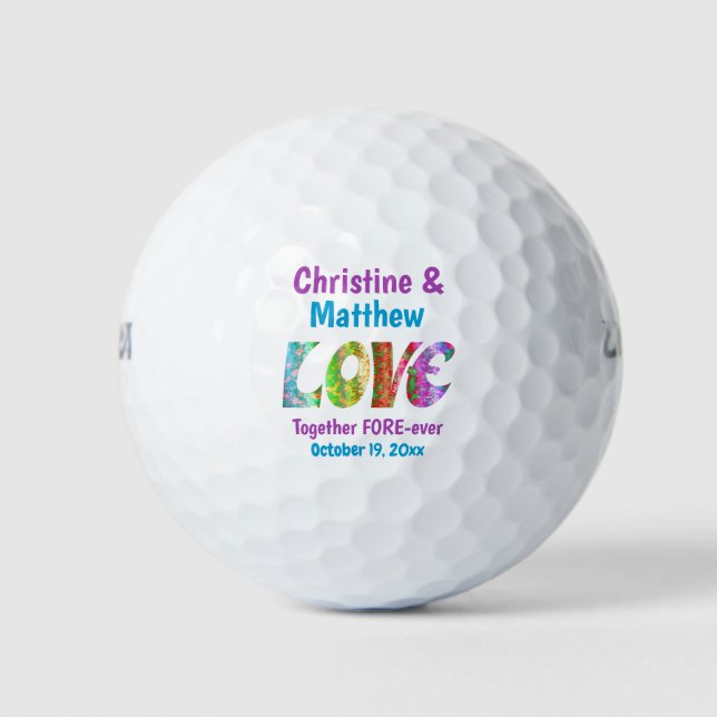 Wedding Favour Retro Vintage Colourful Love Golf Balls (Front)