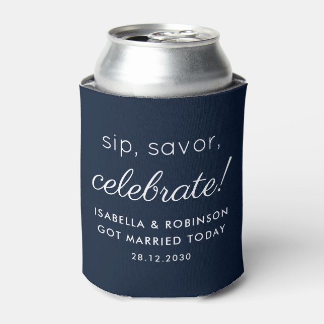Wedding Favour Sip Savour Celebrate Navy Blue Funn Can Cooler (Can Front)