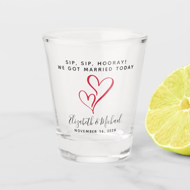 Wedding Favour Sip Sip Hooray Red Hearts Shot Glass (Front)