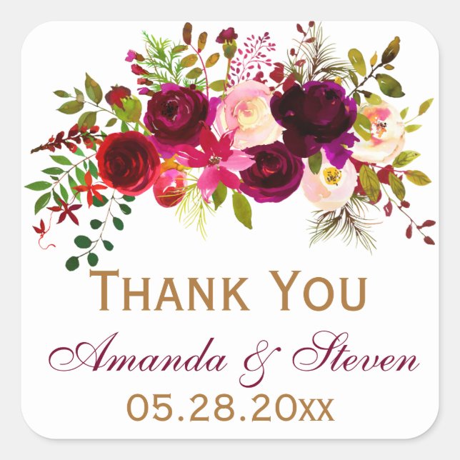Wedding Favour Sticker - Burgundy Florals, Foliage (Front)
