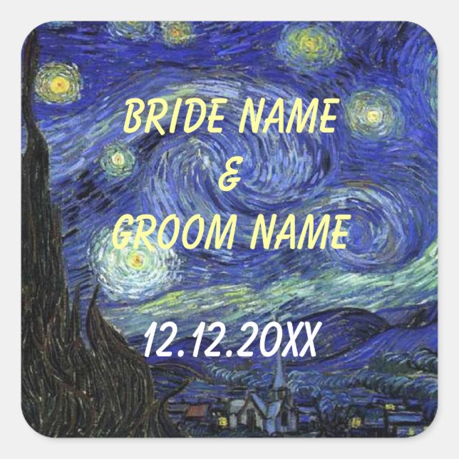 Wedding favour stickers.  Starry Night Square Sticker (Front)