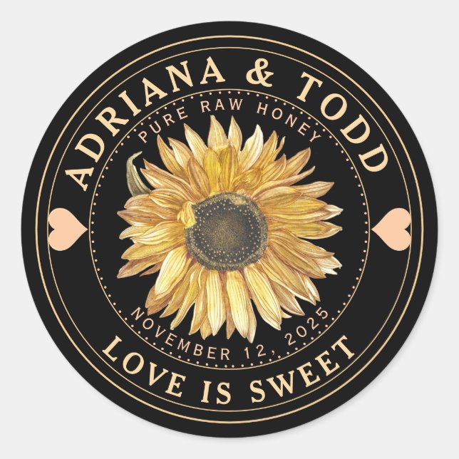 Wedding Favour Sunflower with Heart Honey Lid Labe Classic Round Sticker (Front)