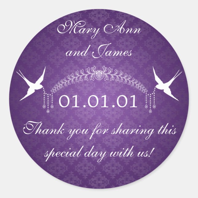 Wedding Favour Tag Birds & Diamonds Purple (Front)