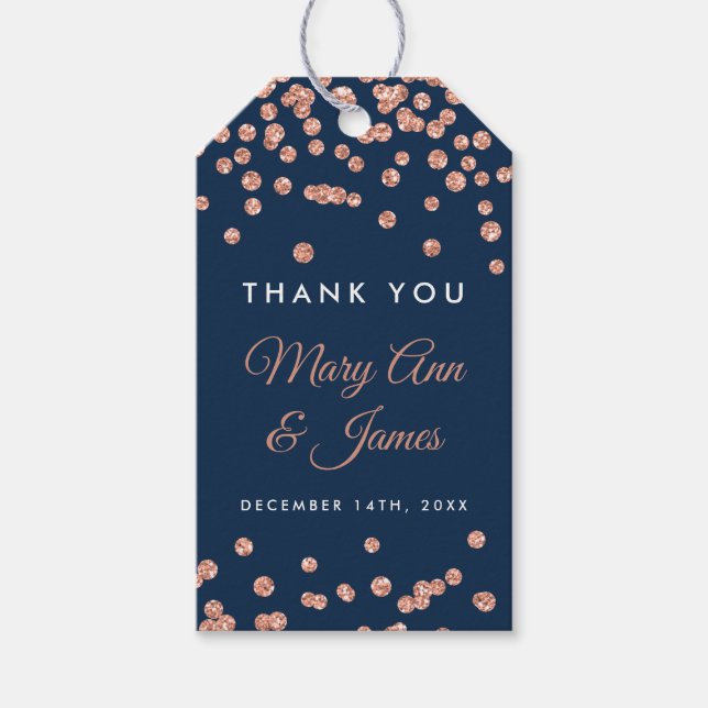 Wedding Favour Tag Rose Gold Glitter Confetti Navy (Front)