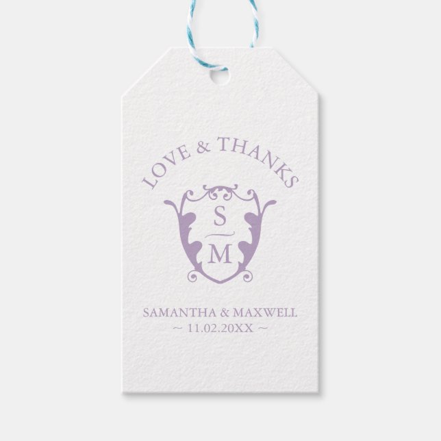 Wedding Favour Tags Lilac Monogram Crest (Front)