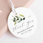 Wedding Favour Tags Watercolor Olive Branch<br><div class="desc">This stylish wedding favour tag features the words "Thank You" in trendy script typography. A sprig of watercolor olive branch adorns the top. Use the template fields to add your names and wedding date or custom text. To see more rustic wedding stationery visit www.zazzle.com/dotellabelle Watercolor art and design by Victoria...</div>