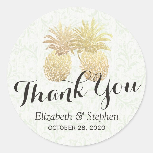 Wedding Favour Thank You Chic Gold Pineapple Coupl Classic Round Sticker (Front)
