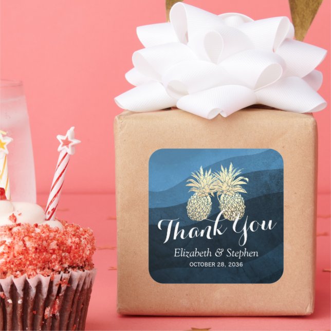 Wedding Favour Thank You Chic Gold Pineapple Coupl Square Sticker (Party)