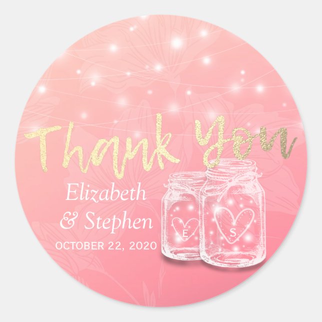 Wedding Favour Thank You Mason Jars & String Light Classic Round Sticker (Front)